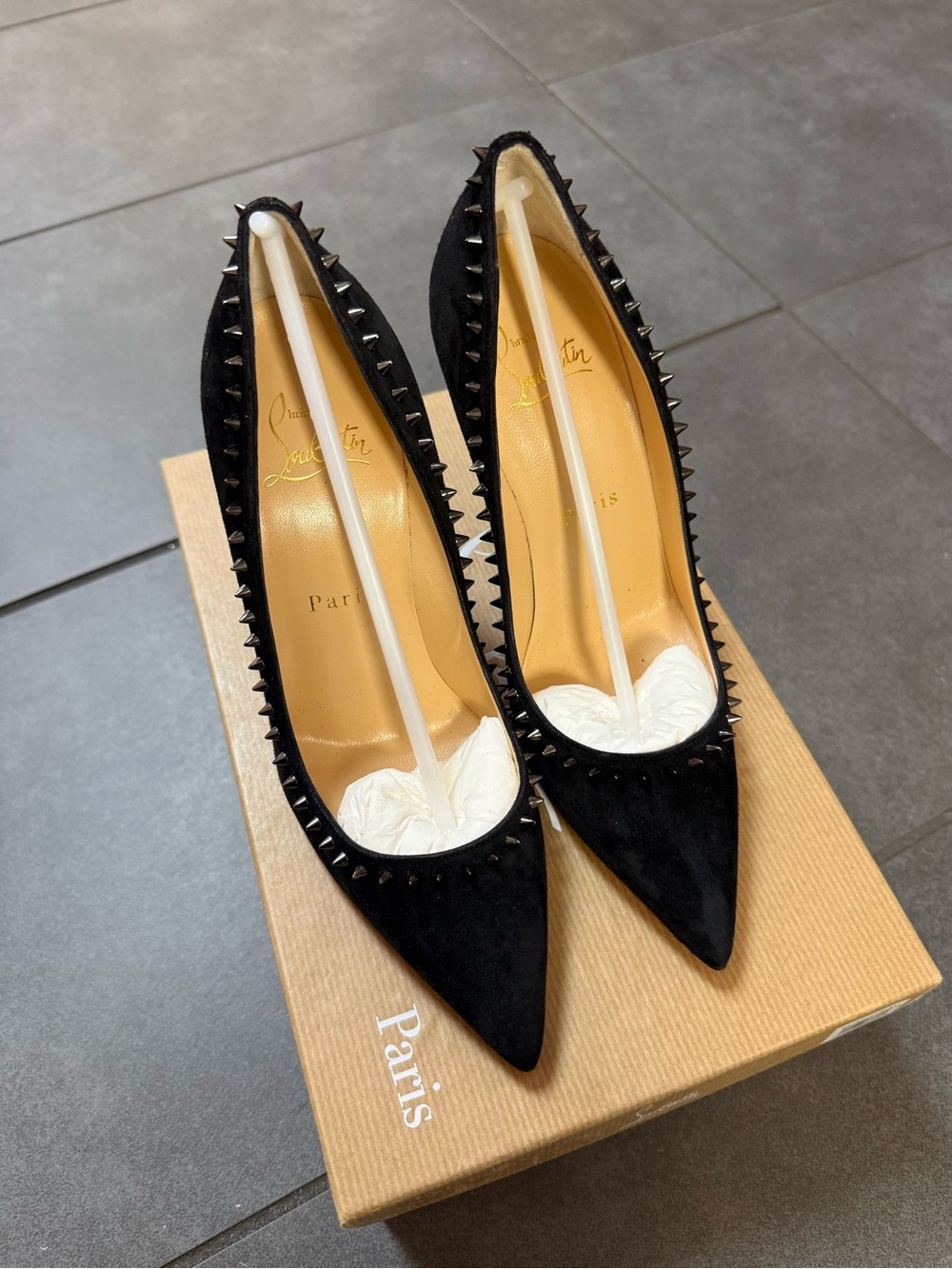 Christian Louboutin Black Suede Pointed-Toe Pumps with Silver Studs
